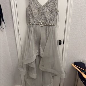 Stunning Gray Lace Prom Dress with Jewel Accent